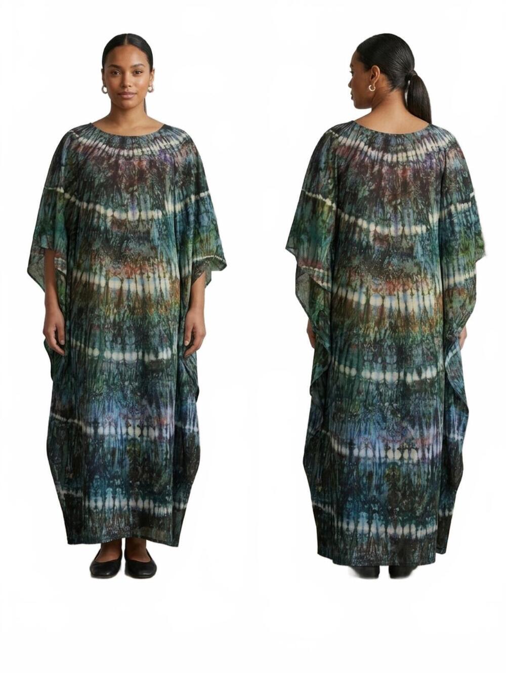 Ladies Blue White Brown Tie Dye Authentic African Print Kaftan Style Maxi Dress